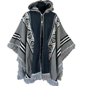 Milmarte 100% Wool Knit Hooded Poncho Neutral Western Aztec Cape